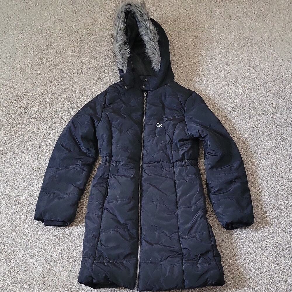 Calvin Klein Jeans Girls XL Puffer Jacket Anthracite Hooded Faux Fur Trim